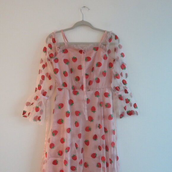 MASKED QUEEN COTTAGECORE Strawberry Tulle Midi Dress Coquette Whimsy Retro NWT - Picture 3 of 14